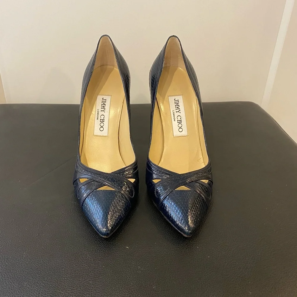 Jimmy Choo Textured Leather Dark Blue Heels - Picture 7 of 15